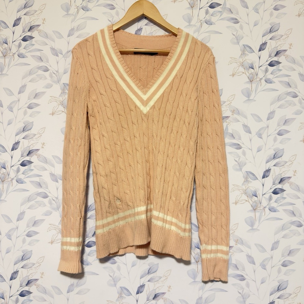 Ralph Lauren Varsity Striped Cricket Cable Knit V Neck Sweater Pink Size M - Picture 2 of 5
